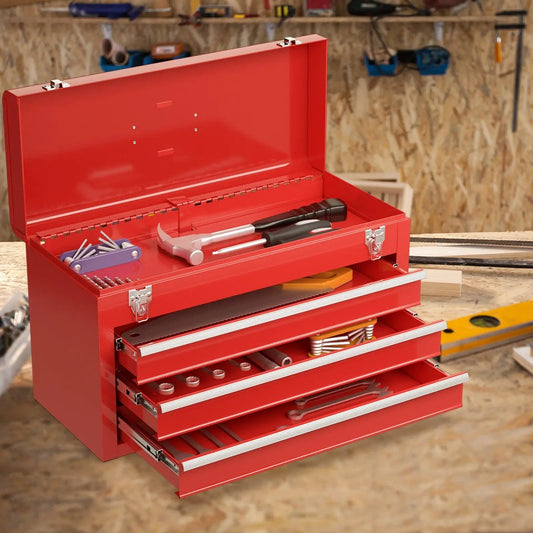 Portable red DirectDeals garage tool cabinet with 3 drawers, lid open on Tampa Home & Garden Store