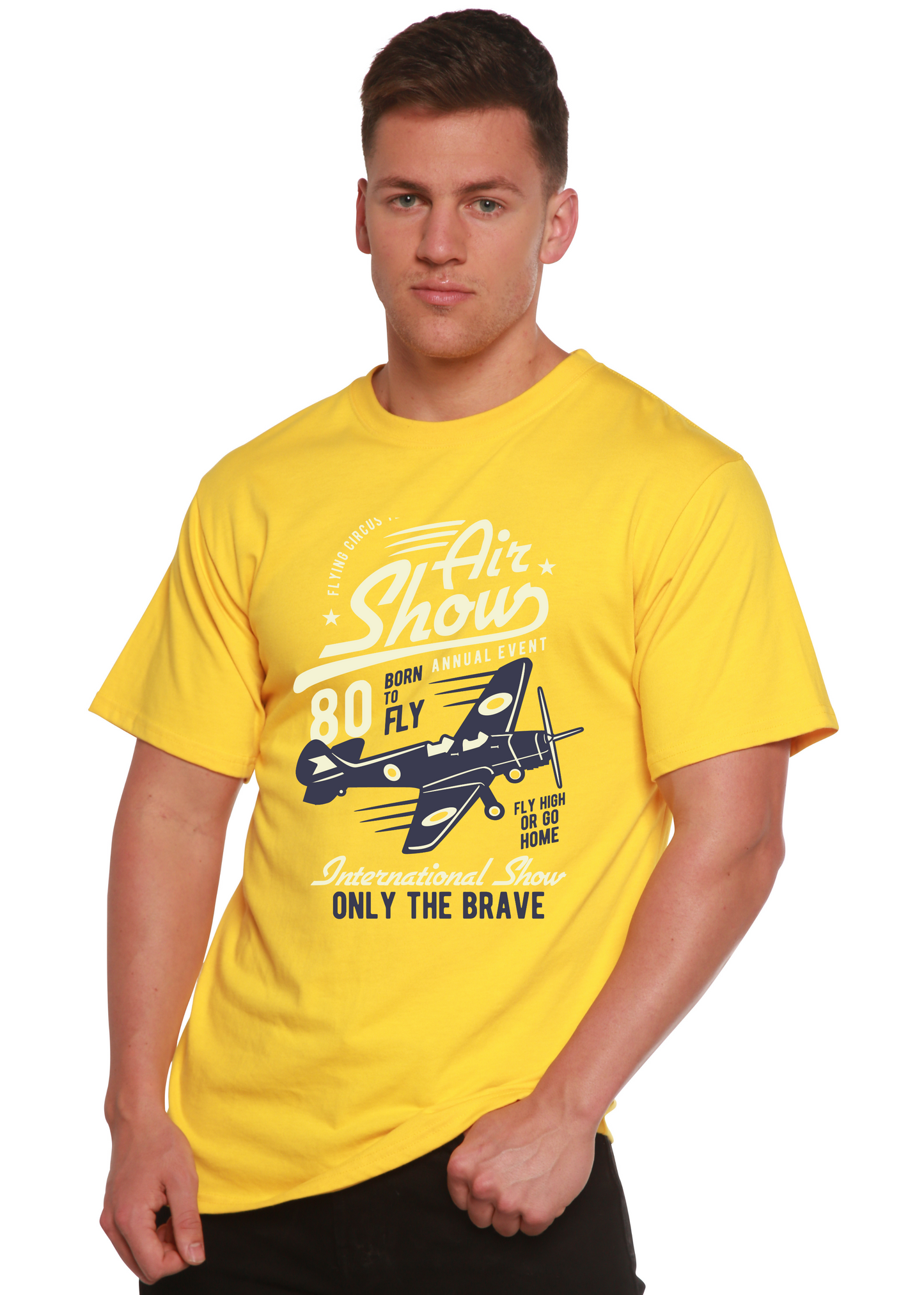 Air Show men's bamboo viscose/organic cotton graphic T-shirt in yellow with airplane design on Tampa Home & Garden Store