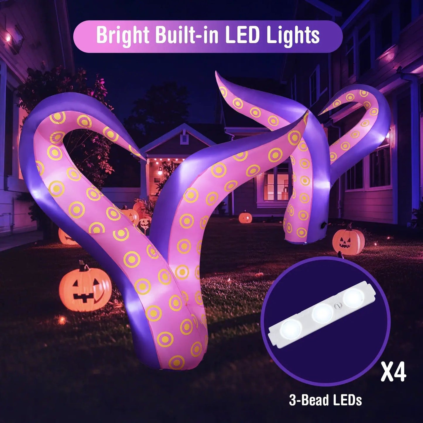 Set of 4 inflatable tentacles with LED lights, purple with yellow rings for Halloween yard decor on Tampa Home & Garden Store