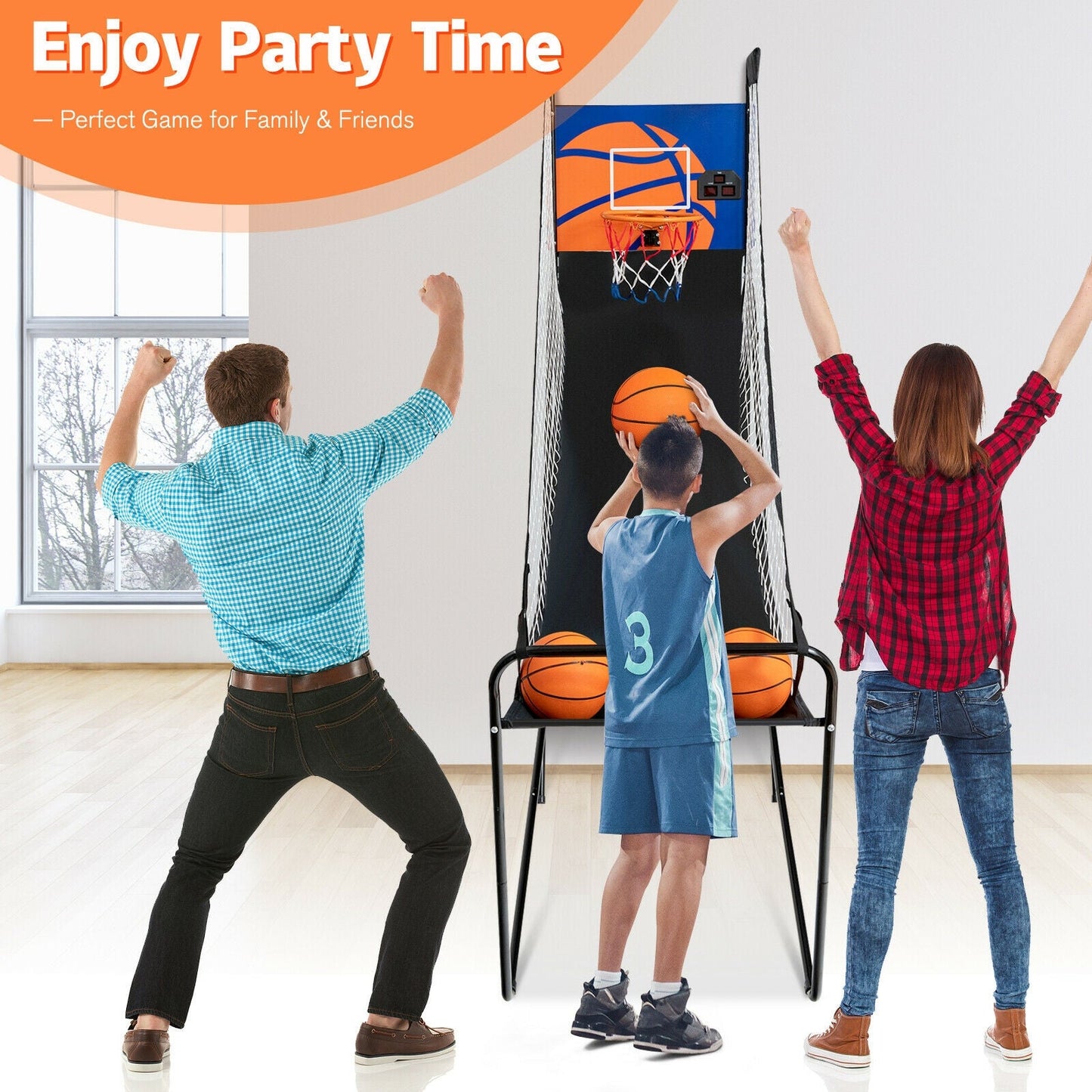 Foldable Single Shot Basketball Arcade Game with Scorer, black frame and orange balls on Tampa Home & Garden Store