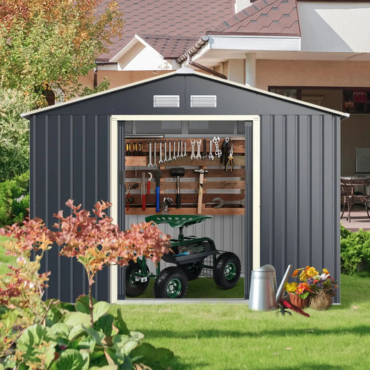 9x6 ft gray metal storage shed with wall-mounted tool pegboard DirectDeals on Tampa Home & Garden Store