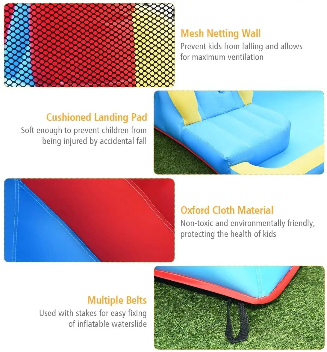 Inflatable Water Slide Bounce House with Water Cannon, blue cushioned landing pad, mesh netting walls on Tampa Home & Garden Store