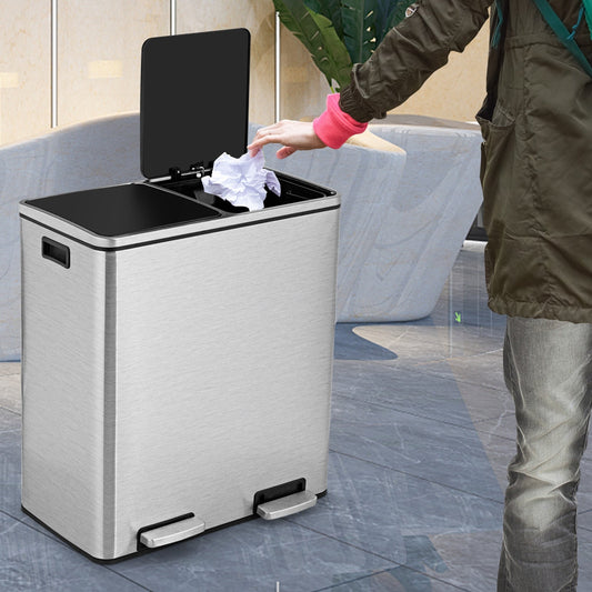 16 Gallon Dual Step Trash Can Recycling Double Bucket Pedal-Silver - Tampa Home & Garden Store