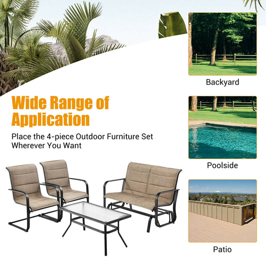 4 Pieces Outdoor Patio Furniture Set with Padded Glider Loveseat and Coffee Table-Brown - Tampa Home & Garden Store