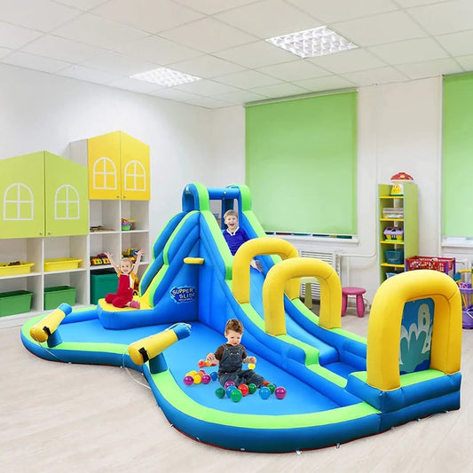 Multifunctional Water Bounce inflatable with 735W blower, blue and green slide, indoor play area with three kids on Tampa Home & Garden Store
