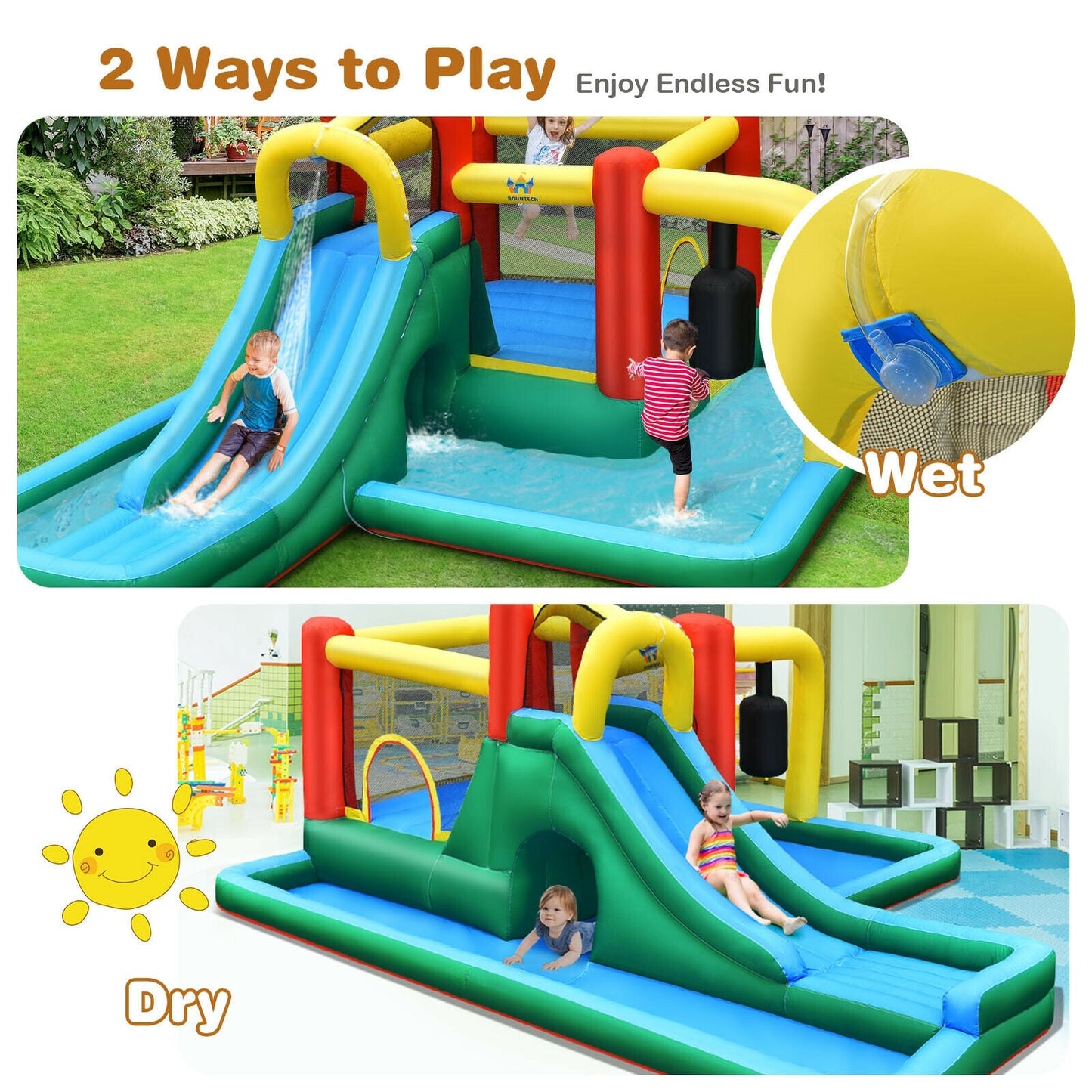 Inflatable water slide climbing bounce house with blue slide and yellow arches DirectDeals on Tampa Home & Garden Store