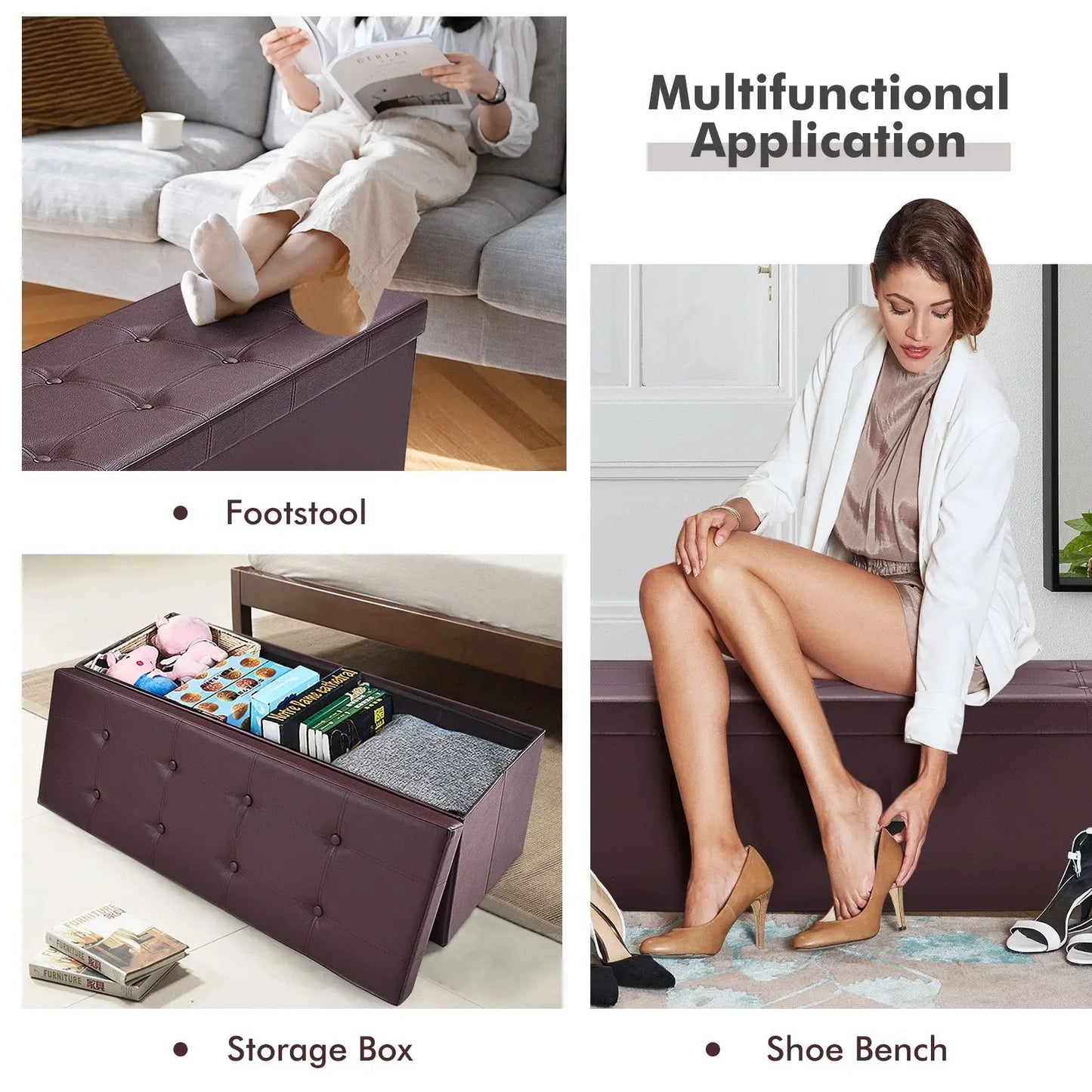 45-inch brown tufted folding ottoman storage seat; dual footstool and storage box on Tampa Home & Garden Store