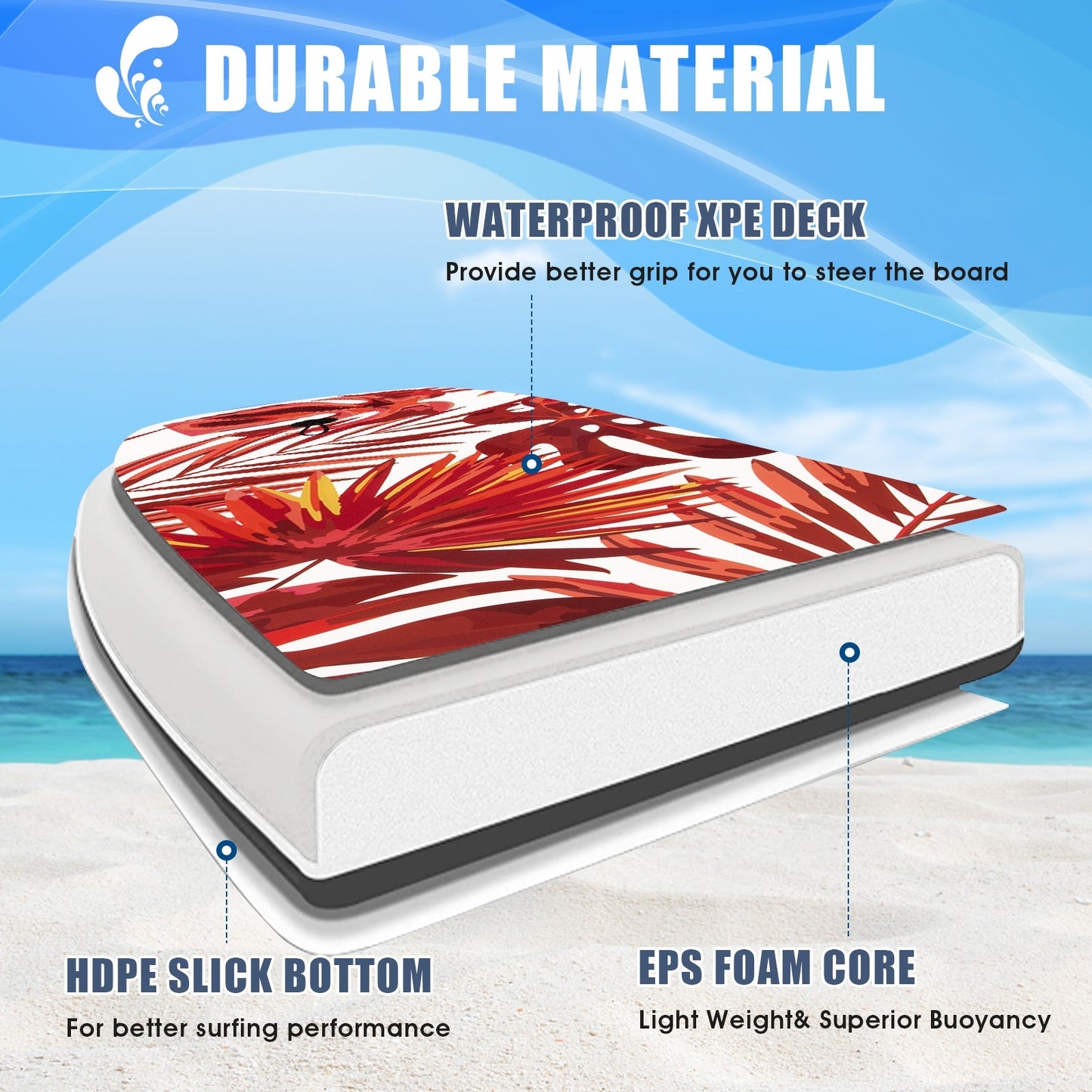 37 inch DirectDeals shortboard surfboard with red floral deck and EPS foam core on Tampa Home & Garden Store