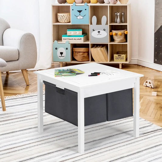 2-in-1 Kids Double-Sided Table With Drawers white wood table with gray fabric storage bins on Tampa Home & Garden Store