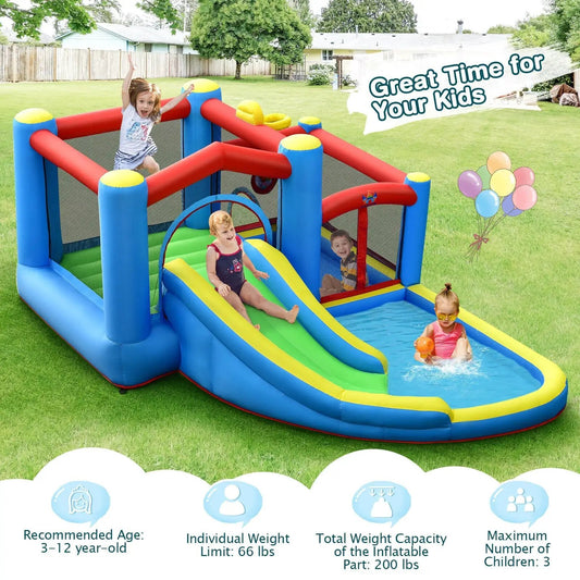 Inflatable kids water slide bounce castle with red blue tubes and yellow caps 480W blower on Tampa Home & Garden Store