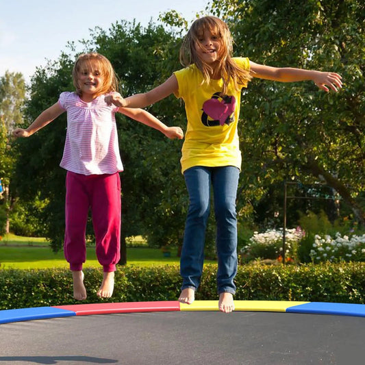 15 Feet Universal Trampoline Spring Cover multicolor edge pads; two kids jump on a trampoline on Tampa Home & Garden Store