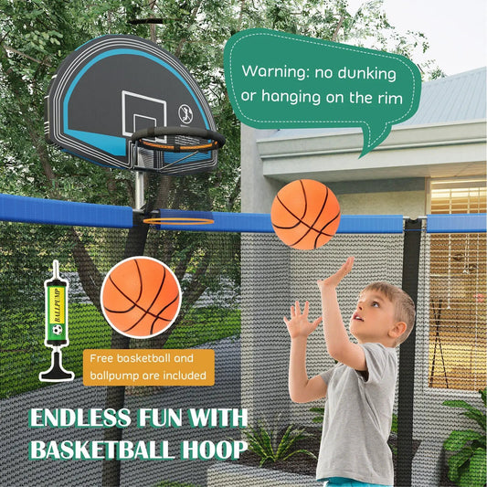 DirectDeals 8β10 ft recreational trampoline with basketball hoop and blue pads, two basketballs on Tampa Home & Garden Store