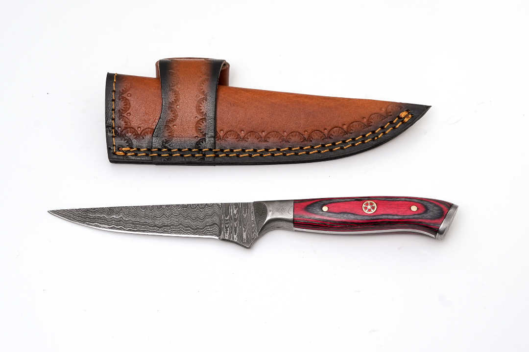 Damascus skinning knife with red pakkawood handle and mosaic pin TK-448 Titan Intl K sheath on Tampa Home & Garden Store