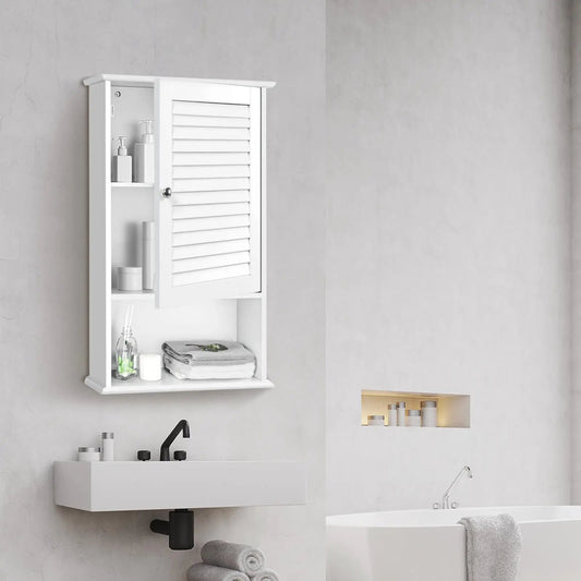 White 27.5in wall-hung medicine cabinet with slatted door and open shelf DirectDeals on Tampa Home & Garden Store