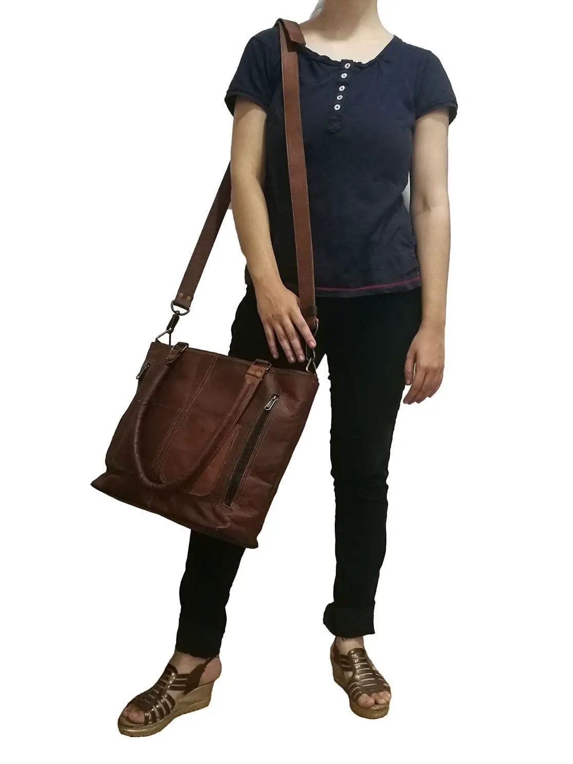 Terry Tote Full Grain Goat Leather Handbag brown with crossbody strap and zipper pockets on Tampa Home & Garden Store