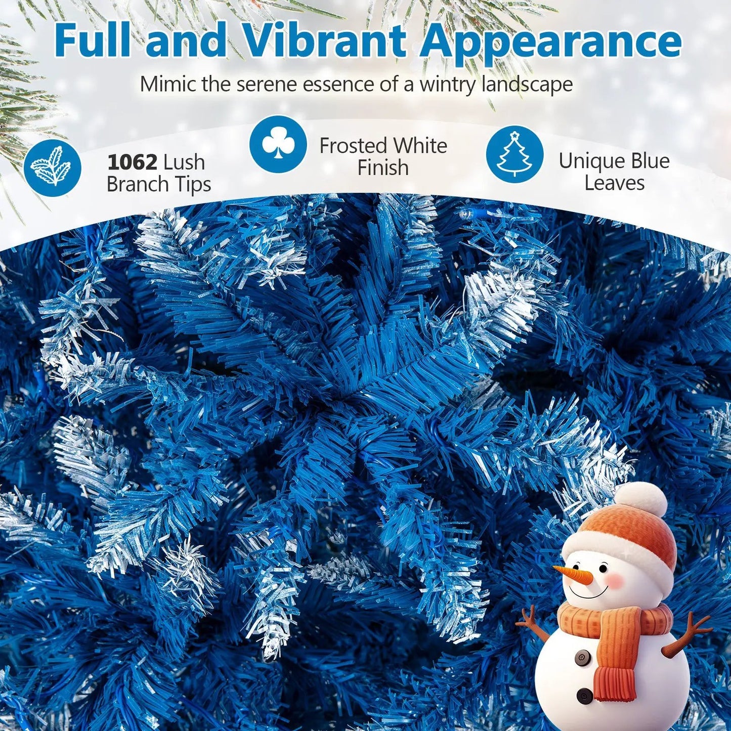 6/7/8/9 ft artificial Christmas tree with snowy tips and blue branches, snowman at bottom right on Tampa Home & Garden Store