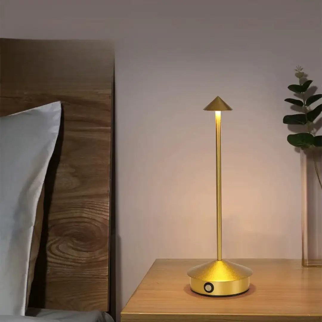 Moktan Sabai LumiCone aluminium LED table lamp with touch dimming; gold finish, slim stem on Tampa Home & Garden Store