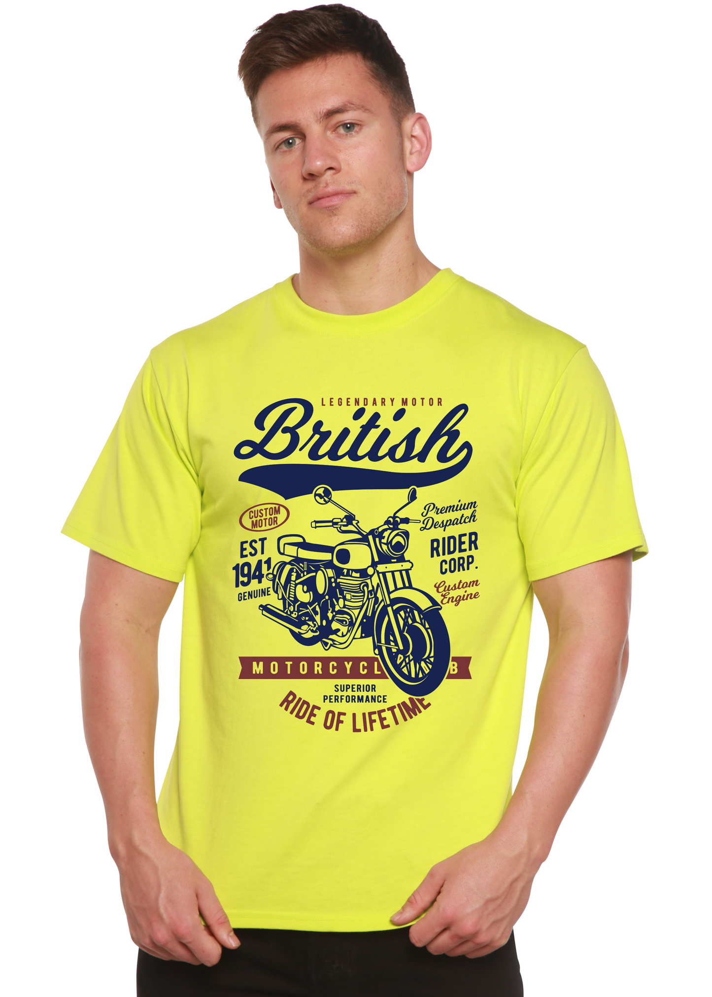 British Motorcycle men's neon yellow bamboo viscose/organic cotton T-shirt by Spun Bamboo on Tampa Home & Garden Store