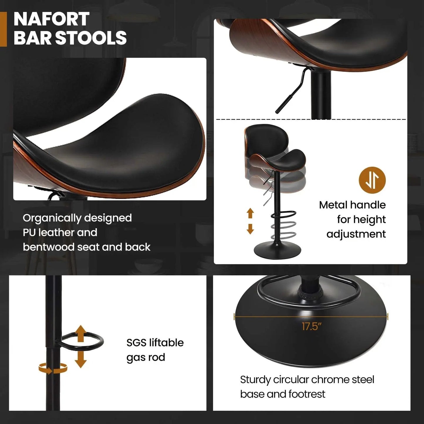 Set of 2 DirectDeals adjustable swivel PU leather bar stools with black seats and chrome base on Tampa Home & Garden Store