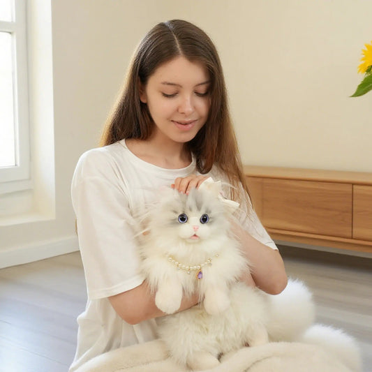 Minuet Cat Backpack by Chongker; realistic white cat held by a woman in a pearl necklace on Tampa Home & Garden Store