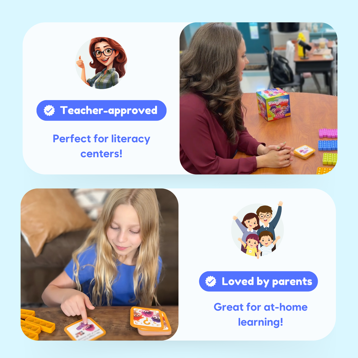 Tricky Trolls board game by The Fidget Games; student at desk uses colorful cards in classroom on Tampa Home & Garden Store