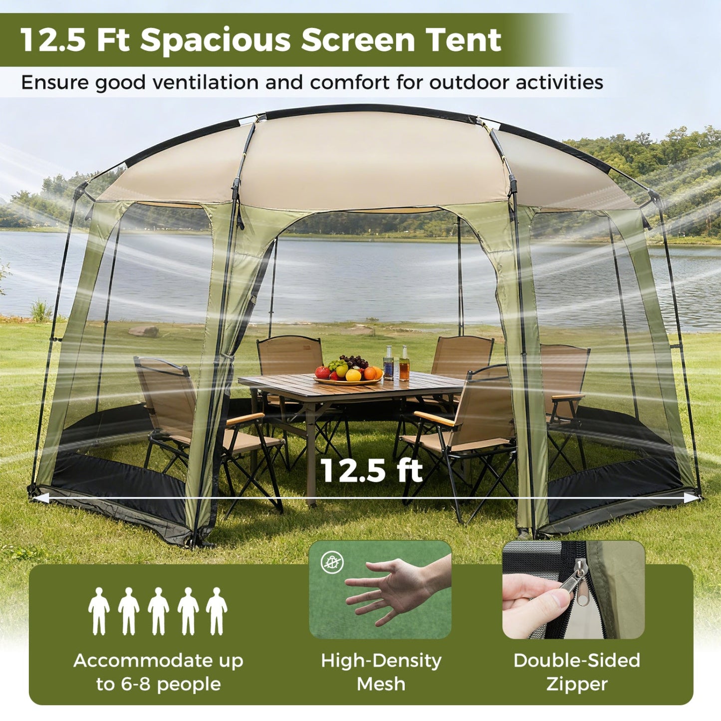6-8 person netted canopy tent with zipper door, beige top and green mesh sides, lakeside outdoor dining setup on Tampa Home & Garden Store