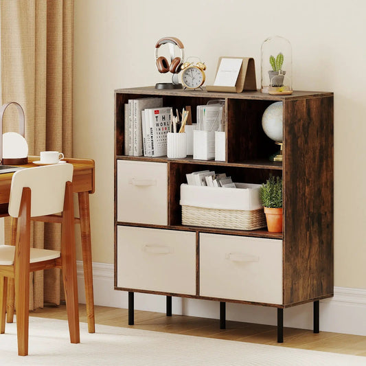 Six Cube Bookshelf With Removable Fabric Drawers in dark wood with cream fabric drawers and cubbies on Tampa Home & Garden Store