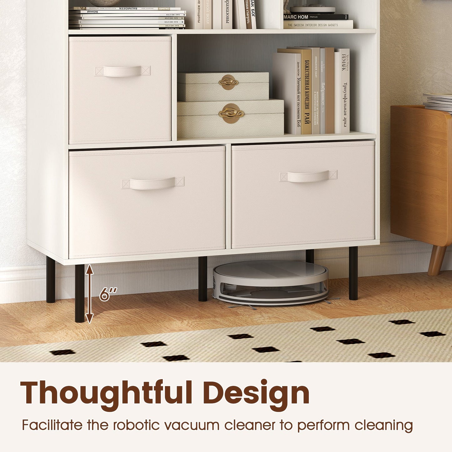 Six-cube bookshelf with removable beige fabric drawers, white finish, DirectDeals on Tampa Home & Garden Store