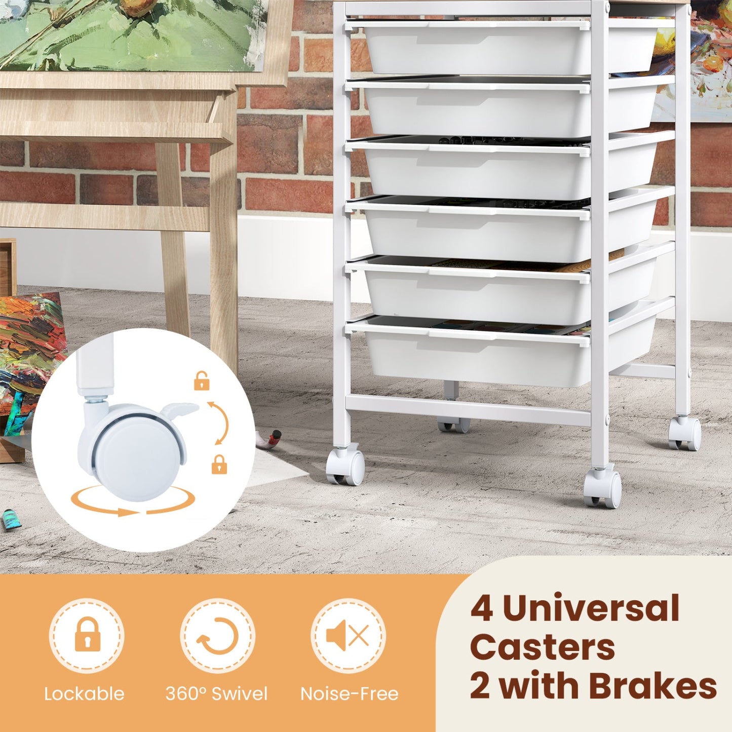 6-Drawer Rolling Storage Cart with Wooden Top white frame, 6 drawers DirectDeals utility cart on Tampa Home & Garden Store