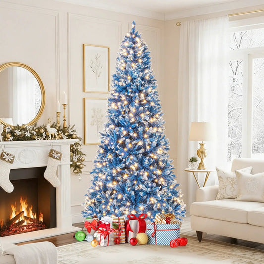 6/7/8/9 ft blue artificial Christmas tree with snowy tips and warm white lights on Tampa Home & Garden Store