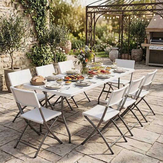 DirectDeals 6 ft fold-in-half camping table with carrying handle, white top and gray legs for outdoor dining on Tampa Home & Garden Store