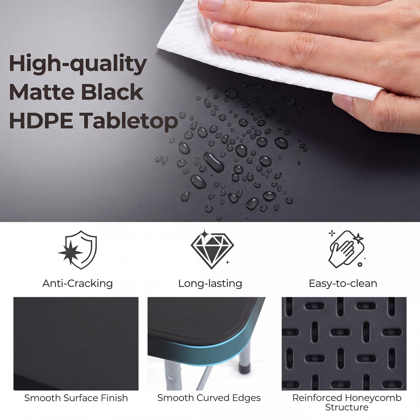 Folding camping table 6 ft fold-in-half with rattan texture DirectDeals matte black HDPE on Tampa Home & Garden Store