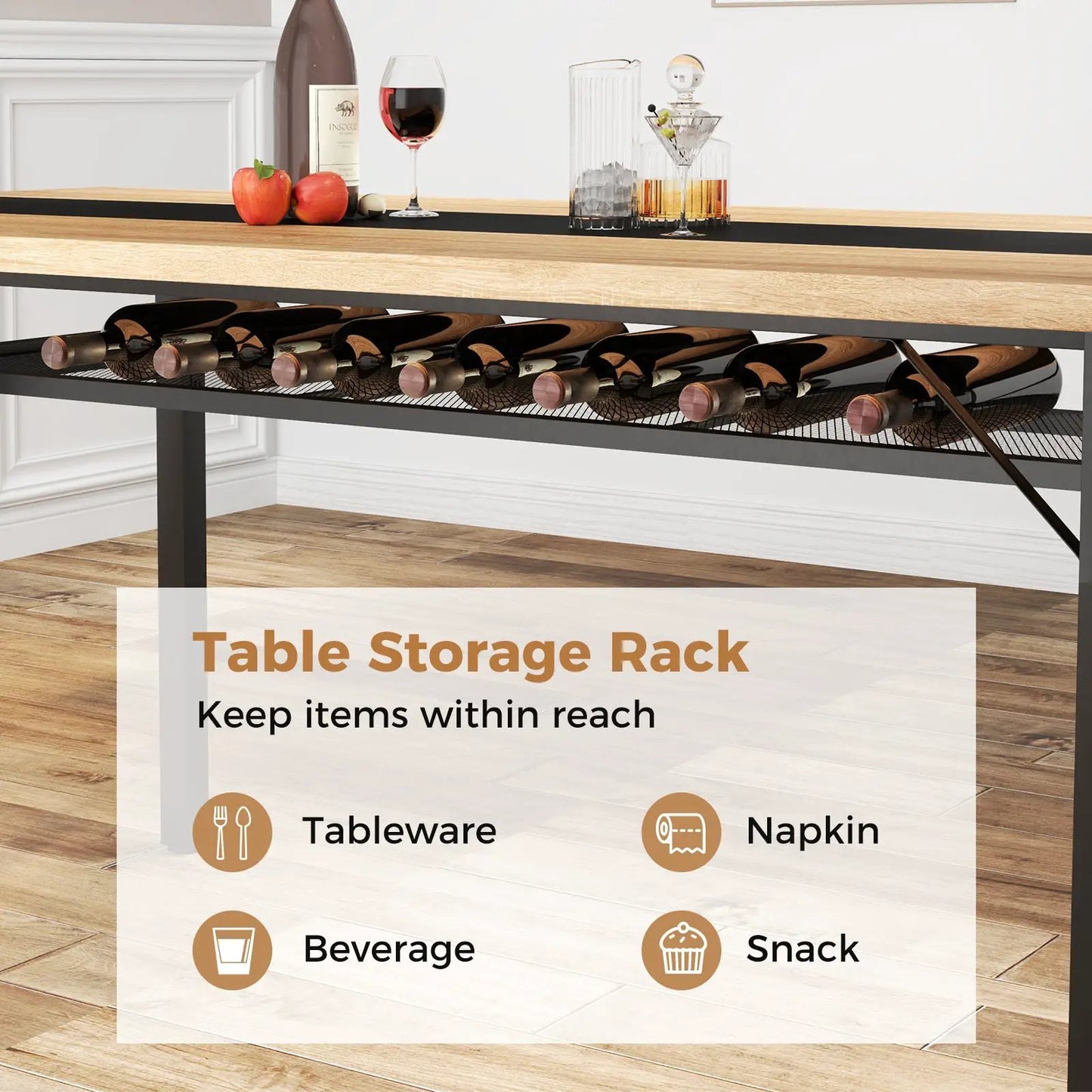 Six Feet Dining Table with Natural Wood Top and Black Metal Frame, under-table wine rack on Tampa Home & Garden Store