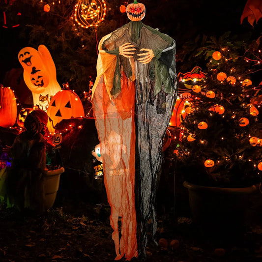 6 Feet Hanging Pumpkin Ghost with Red Glowing Eyes and Bendable Arms - Tampa Home & Garden Store