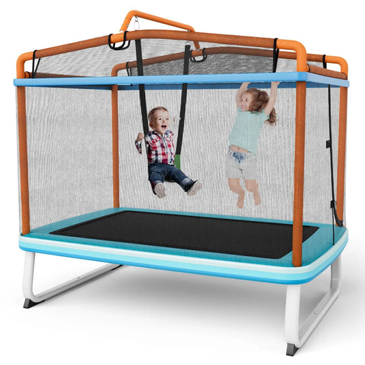 6 ft rectangle trampoline with swing and safety net DirectDeals orange frame blue rails two kids on Tampa Home & Garden Store