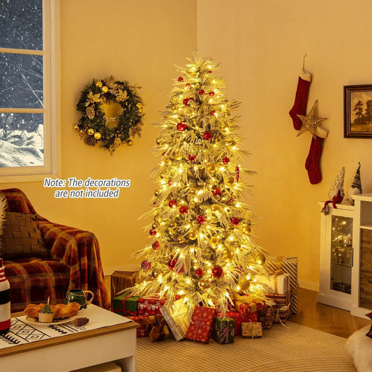 7-foot snow-flocked artificial Christmas tree with warm-white LED lights and gold/red ornaments on Tampa Home & Garden Store