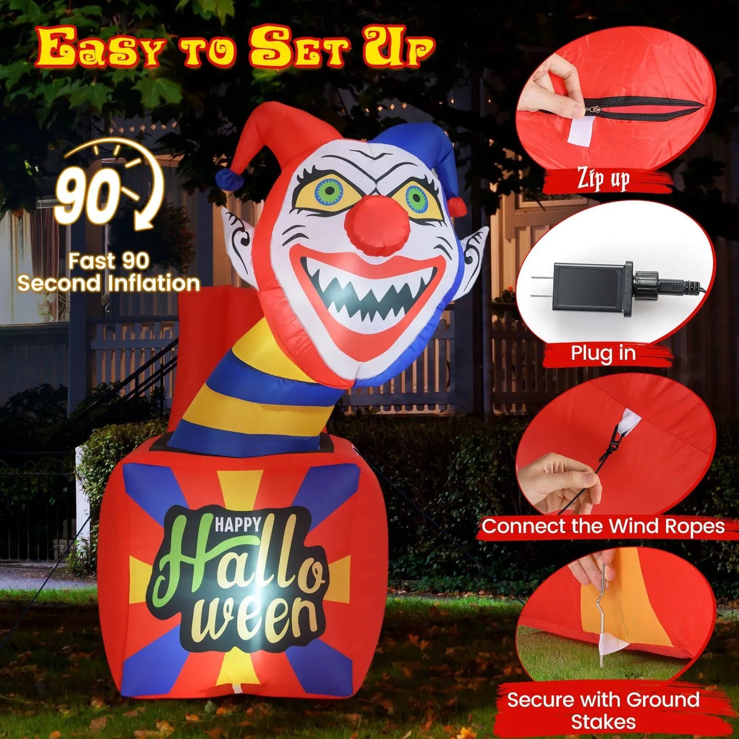 6 ft Halloween inflatable clown with LED lights, red nose, and bright multicolor body for outdoor yard display on Tampa Home & Garden Store