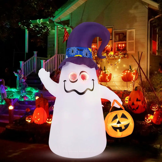 Six Foot Halloween Inflatable Ghost with Lights, purple hat with spiderweb band, DirectDeals on Tampa Home & Garden Store