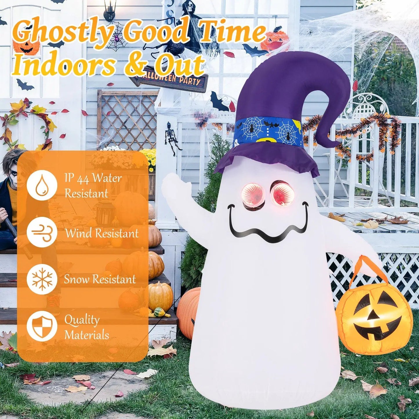 Six Foot Halloween Inflatable Ghost with Lights by DirectDeals, purple hat, blue spiderweb band on Tampa Home & Garden Store