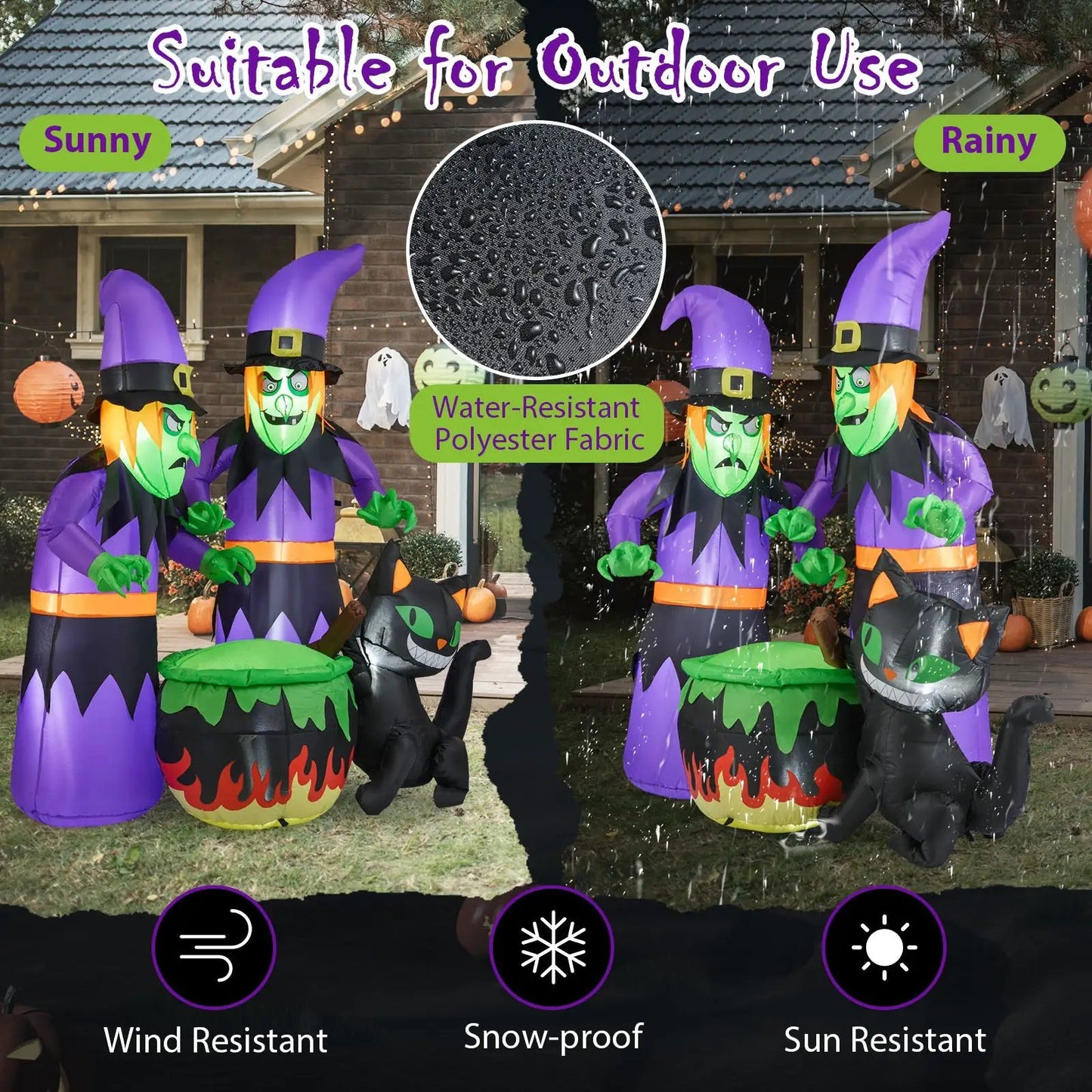4 inflatable Halloween witches with purple hats, cauldrons and a black cat on polyester on Tampa Home & Garden Store