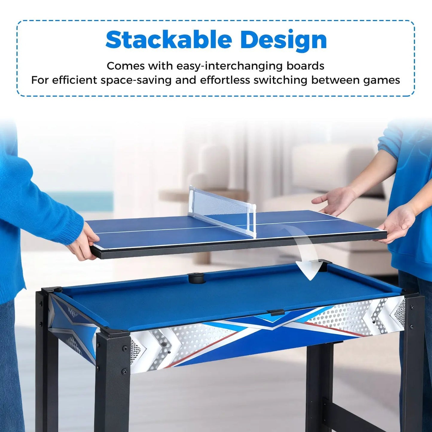 6-in-1 basketball billiards ping pong shuffleboard table DirectDeals blue playing surface with ping-pong net on Tampa Home & Garden Store
