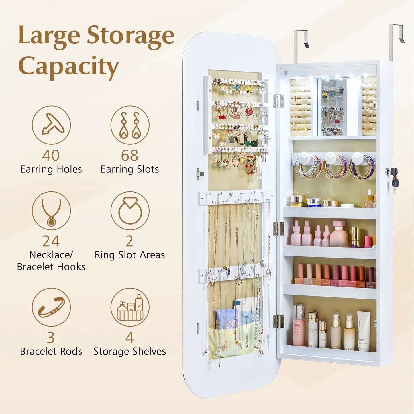 Lockable Jewelry Cabinet with 6 LEDs Mirror, White, wall-mounted, DirectDeals on Tampa Home & Garden Store