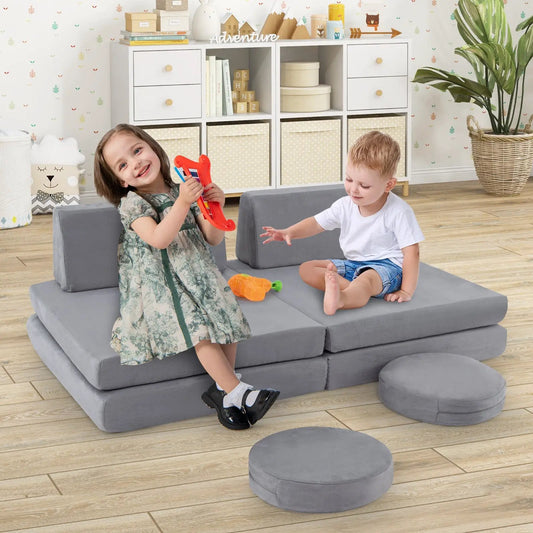 Modular kids play couch set with washable gray covers; 6-piece seating with ottomans on Tampa Home & Garden Store