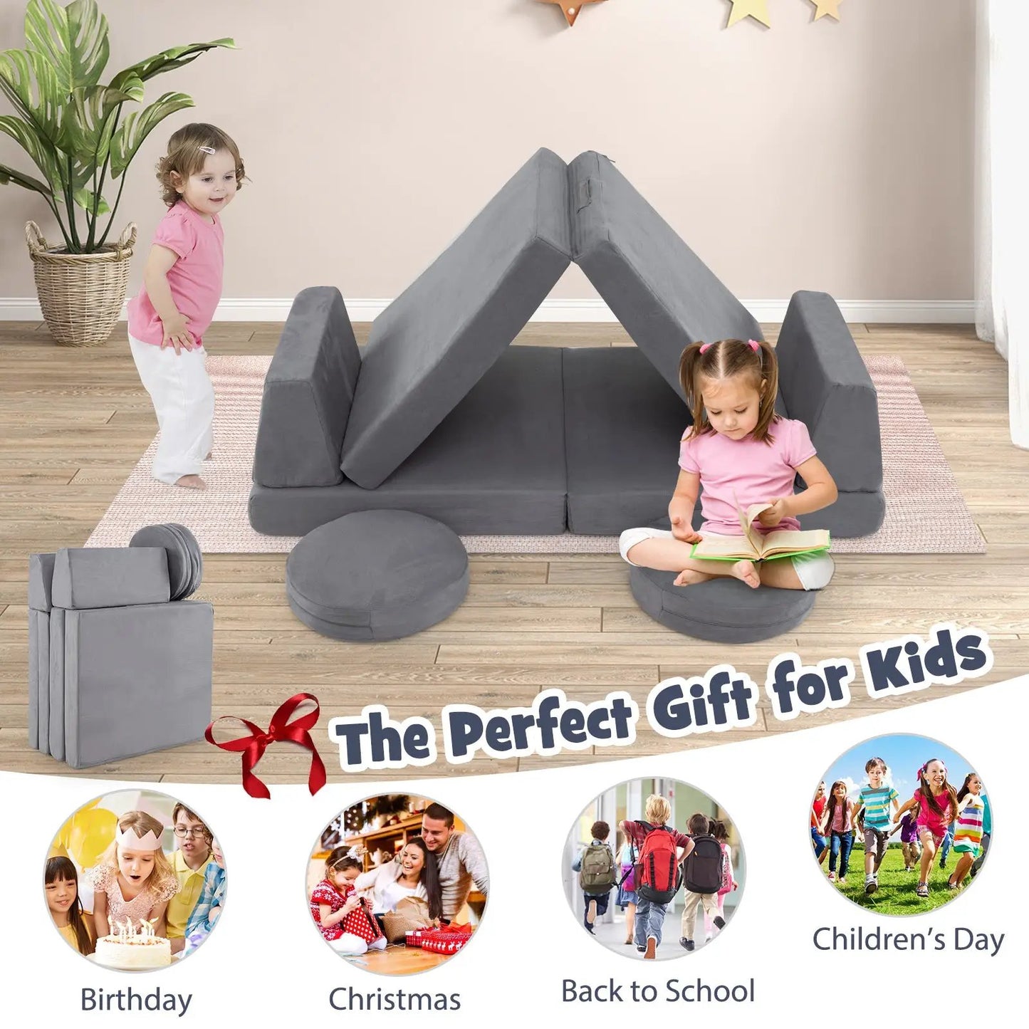 Modular Kids Play Couch Set with Washable Covers in gray by DirectDeals, includes foam blocks on Tampa Home & Garden Store