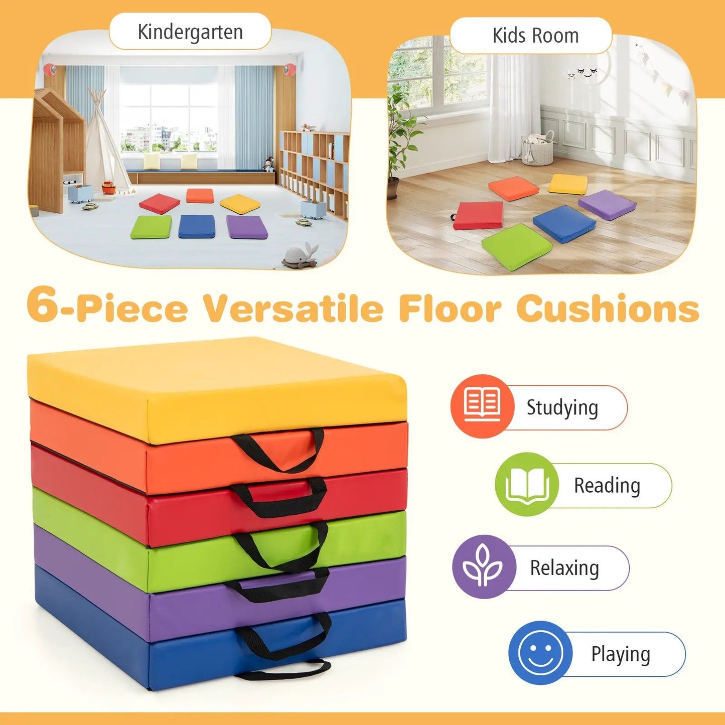 6-piece square floor cushion set in bright multicolor fabric with black handles, 16-inch size on Tampa Home & Garden Store