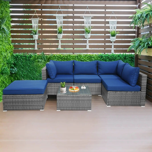 DirectDeals 6-Piece Outdoor Rattan Sofa Set with Navy Cushions on Tampa Home & Garden Store