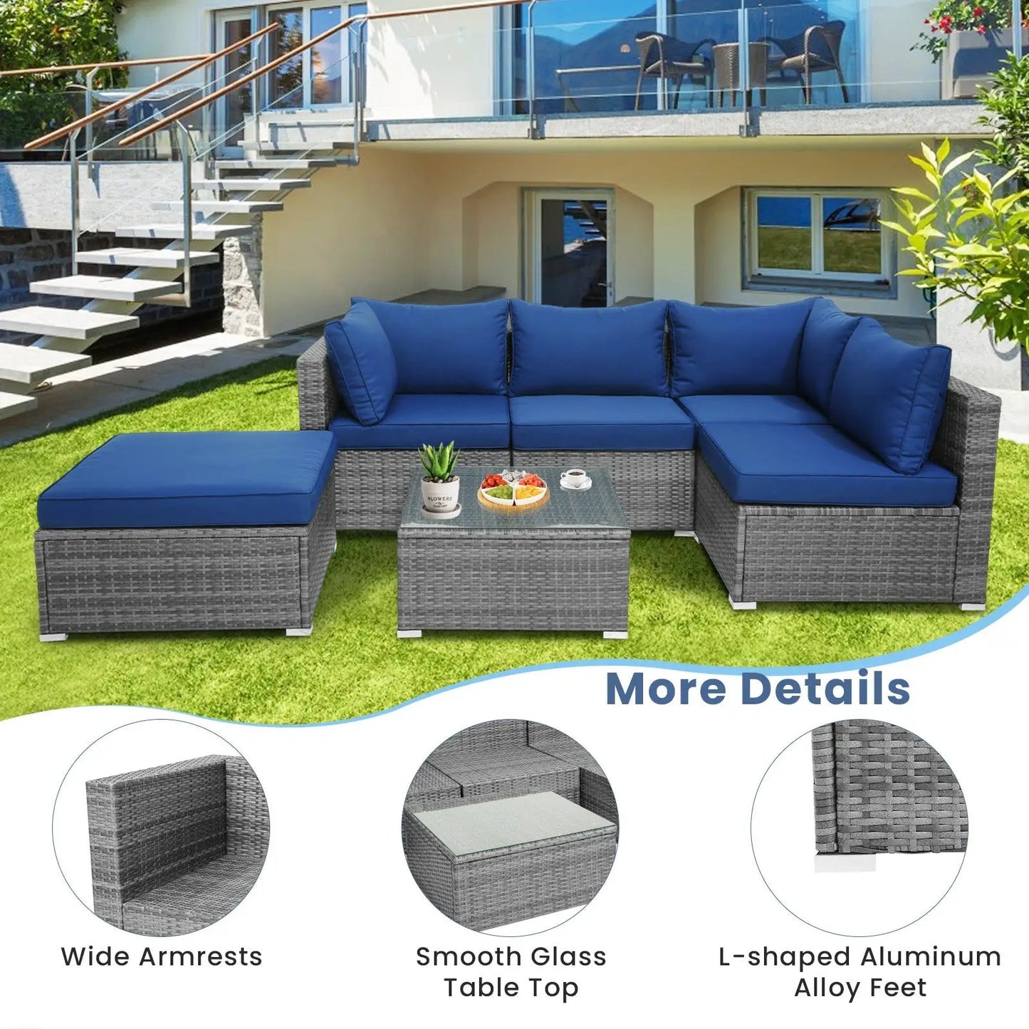 6 Piece Outdoor Rattan Sofa Set with Navy Cushions and Glass-Top Table on Tampa Home & Garden Store