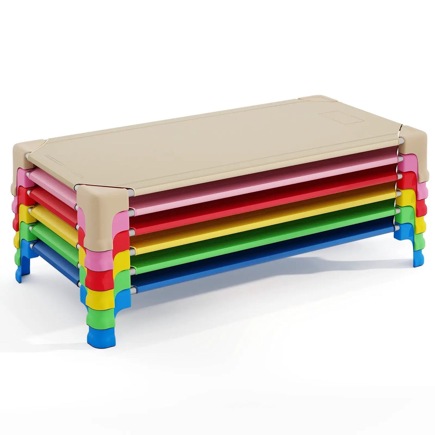 DirectDeals portable 53-inch daycare cots six-pack, rainbow stacked with beige top on Tampa Home & Garden Store