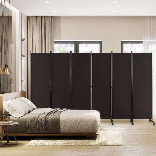 6-panel rolling room divider on wheels in dark brown panels beside bed in modern bedroom on Tampa Home & Garden Store