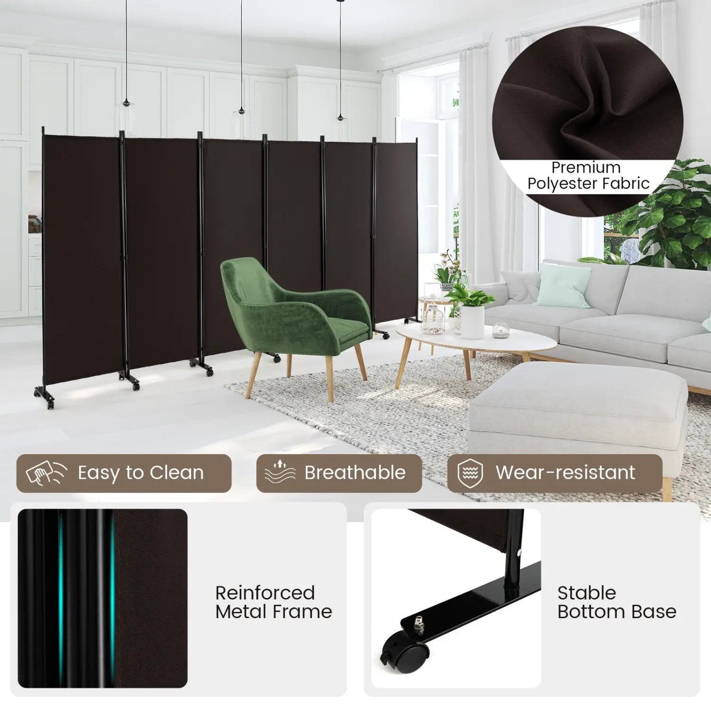 Tall 6 Panel Rolling Room Divider on Wheels